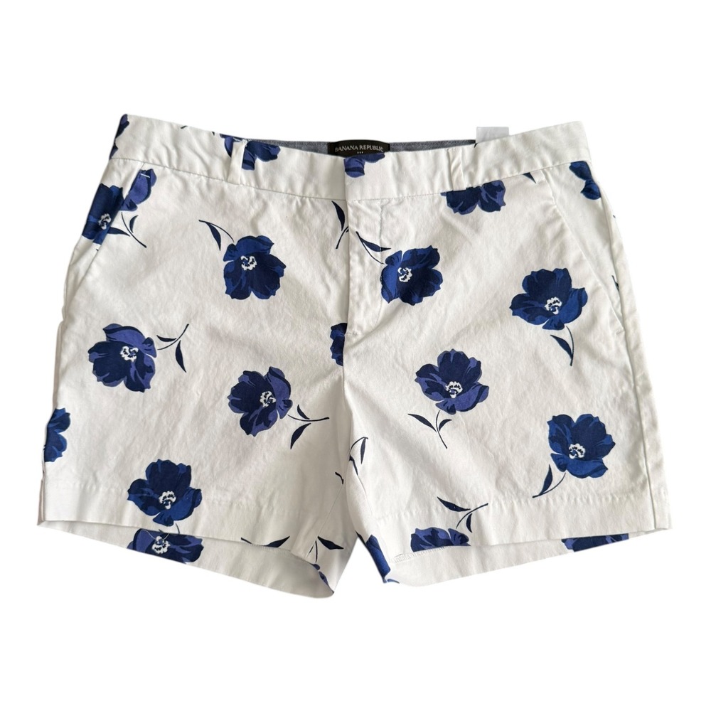 Banana Republic Womens Floral Chino Shorts White Blue Size 10 5 Inch Inseam